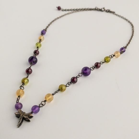 Sterling Silver Necklace Multicoloured Gemstones Dragonfly Charm Pendant Vintage - Picture 4 of 12